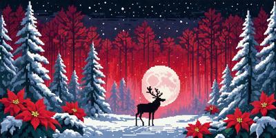 The primary subject of the image is a deer standing in a snowy forest. The setting is a winter landscape with snow-covered trees and a red moon in the background. The visual style is a digital art or illustration, creating a serene and peaceful atmosphere. The dominant colors are red, white, and blue, with the red moon adding a touch of warmth to the otherwise cold and snowy scene.
